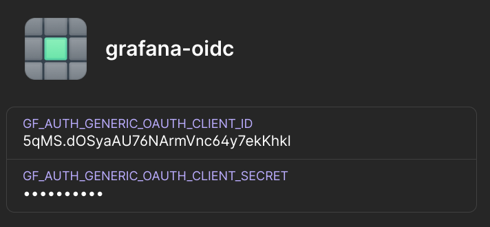 Screenshot of the 1password app showing an obscured secret for my Grafana instance with the aforementioned keys